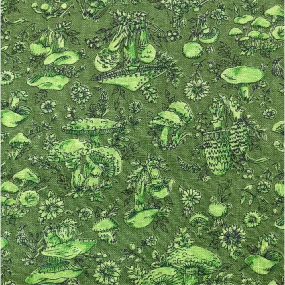 Vintage 1970's Mushroom Fabric Avocado Green Cottagecore Funky Calico Print‎ 3yd